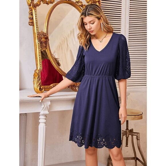 NWT Romantic Elegant Lace Lantern Sleeve A Line Cut Out Swing Skater Navy Dress - Picture 10 of 16